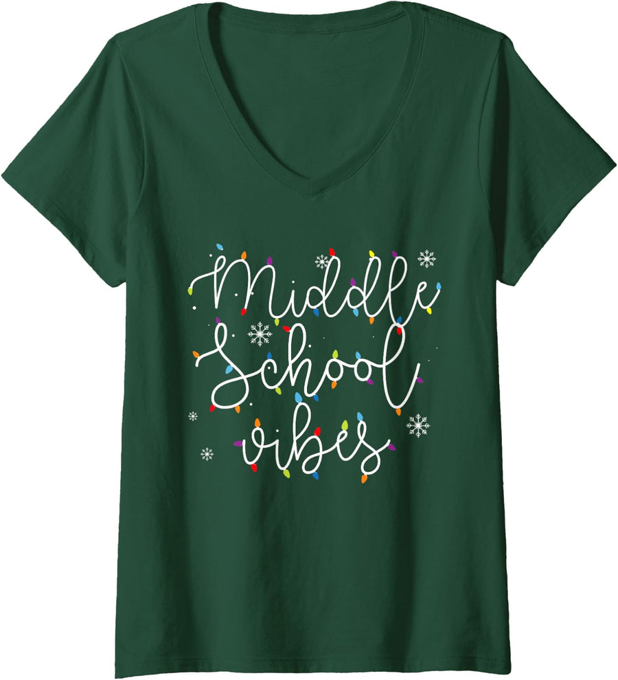 Women's Christmas Middle School Vibes Teacher X-mas Light Festive V-Neck T-Shirt - Dark Green