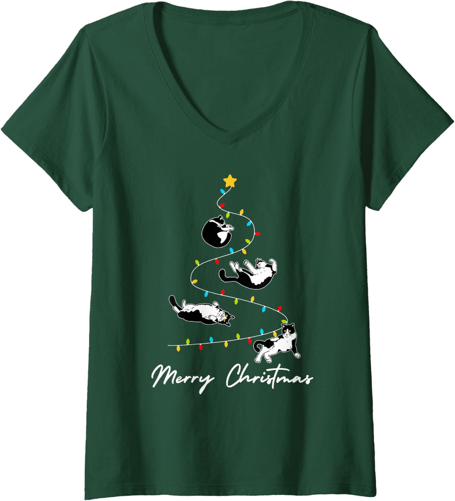 Women's Cute Tuxedo Cats Christmas Tree Lights Owner Cat Lover V-Neck T-Shirt - Dark Green