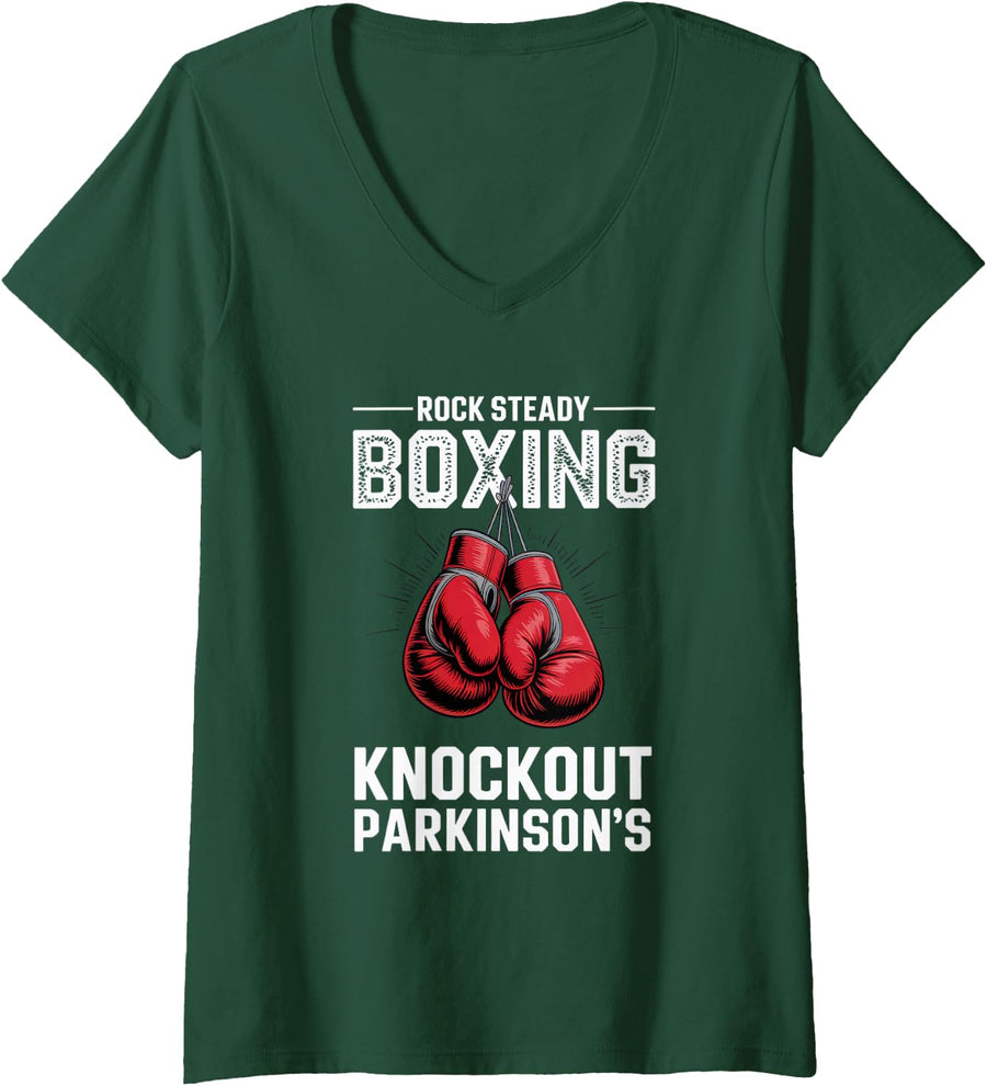 Women's Rock Steady Boxing Knockout Parkinsons Awareness Design V-Neck T-Shirt - Dark Green