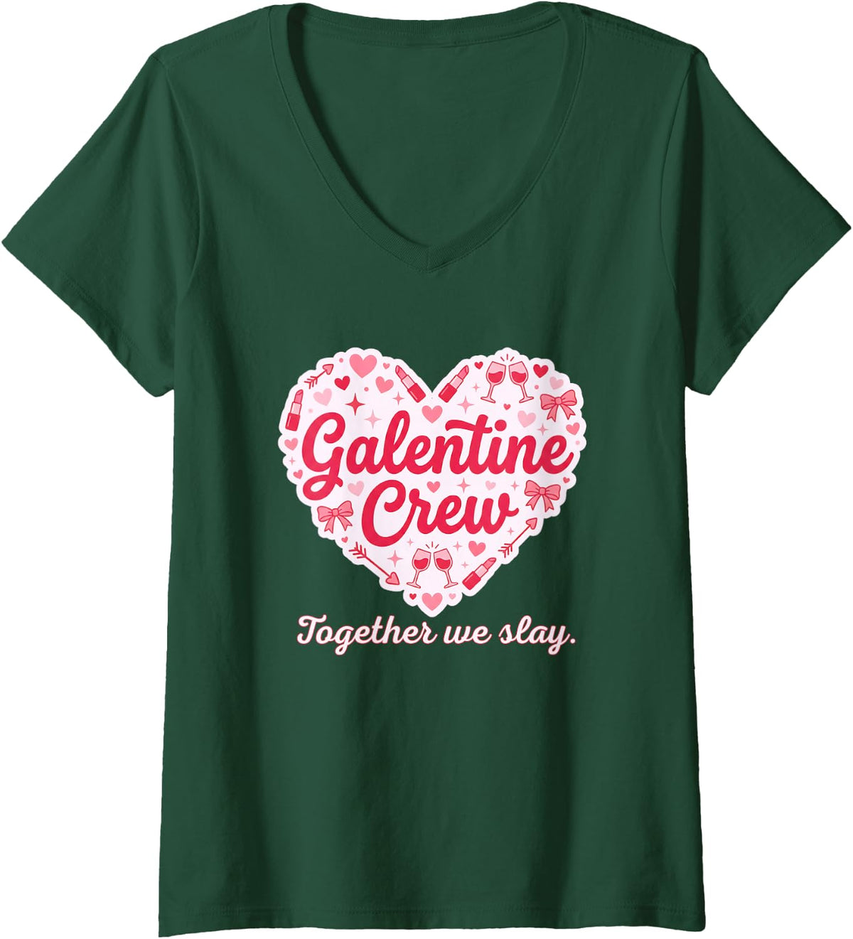 Women's Valentines Day Galentine's Gang Heart Valentine Women Girls V-Neck T-Shirt - Dark Green