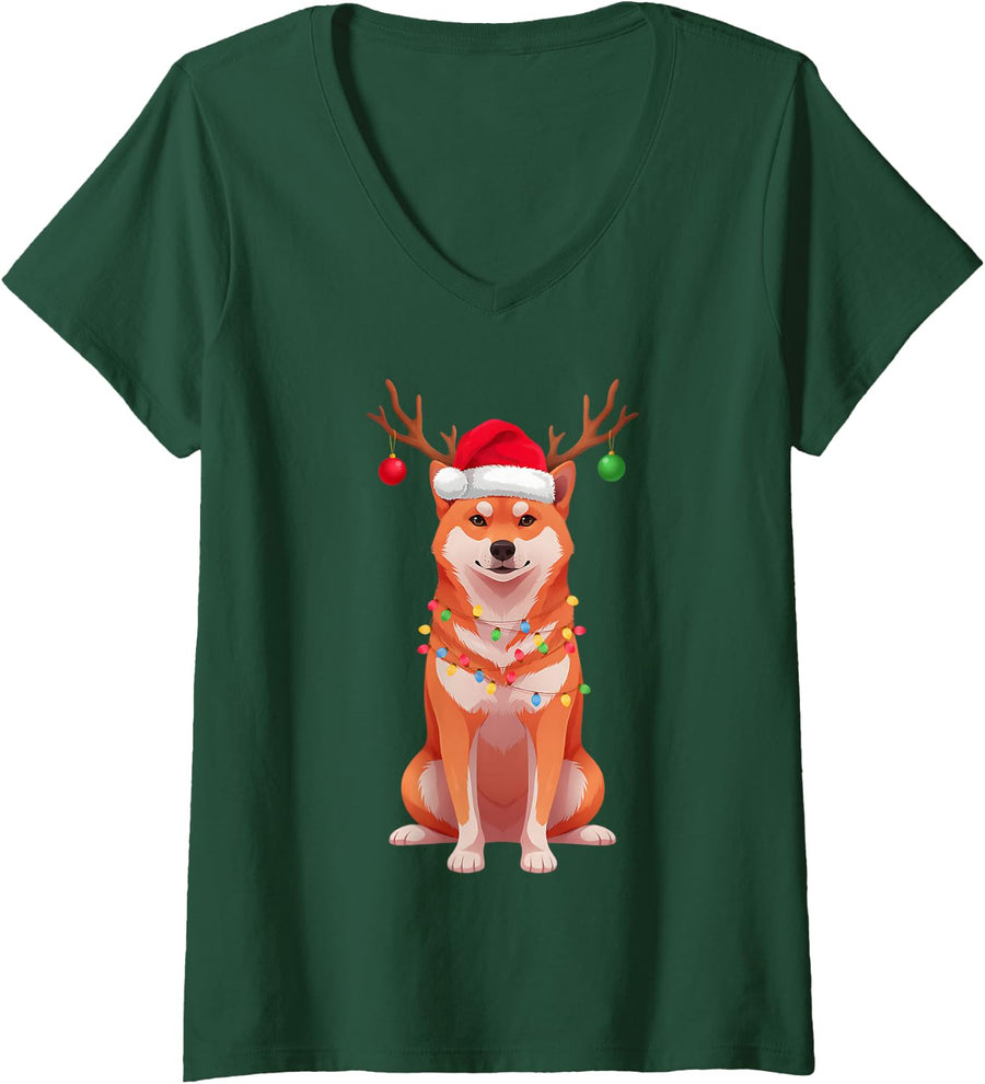 Women's Shiba Inu Santa Hat Reindeer Ornaments Dog Mom Dad V-Neck T-Shirt - Dark Green