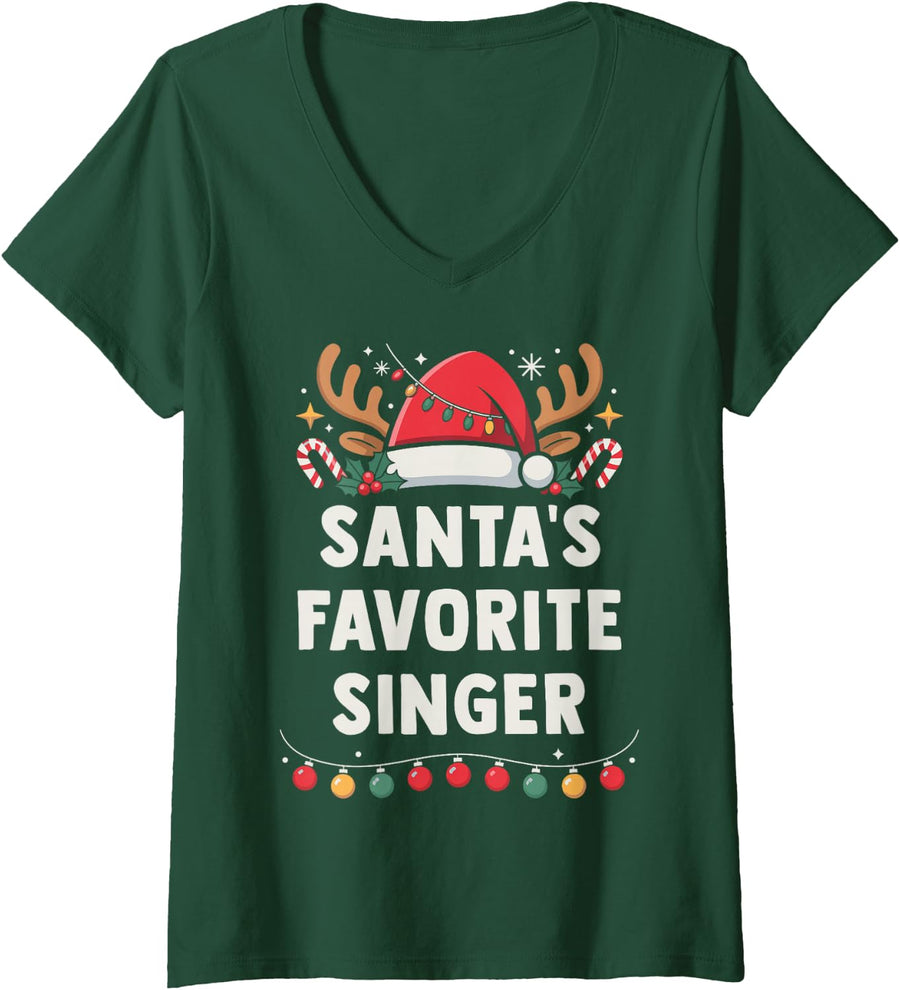 Women's Christmas Concert Santa's Favorite Singer Holiday Recital V-Neck T-Shirt - Dark Green