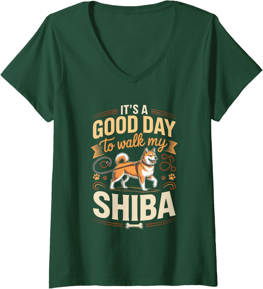 Women's It's a Good Day to Walk My Shiba Inu Dog V-Neck T-Shirt - Dark Green