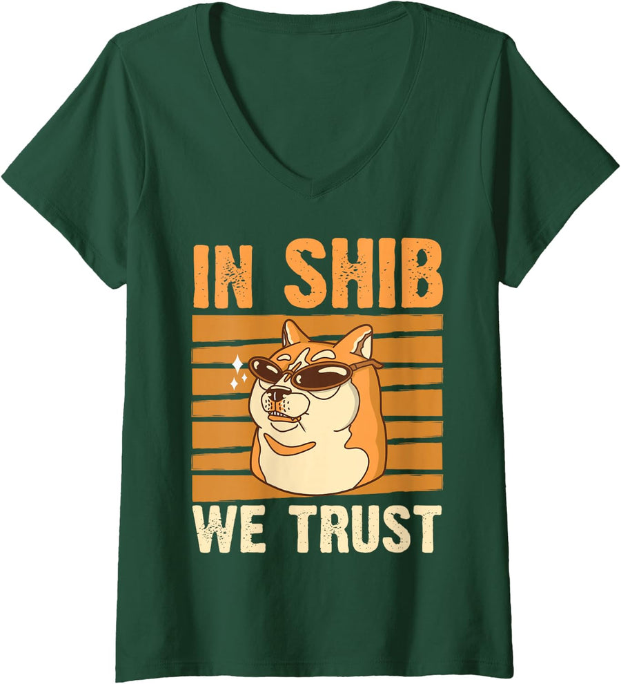 Women's in Shib we Trust Shiba Shib Token Crypto Meme Coin Shiba Inu V-Neck T-Shirt - Dark Green