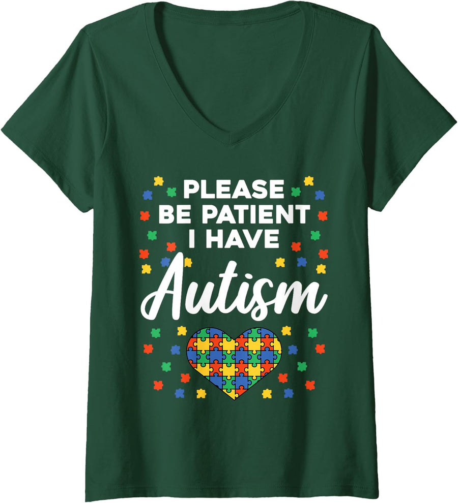 Women's Autism Patience I Have Autism Gift Autistic V-Neck T-Shirt - Dark Green