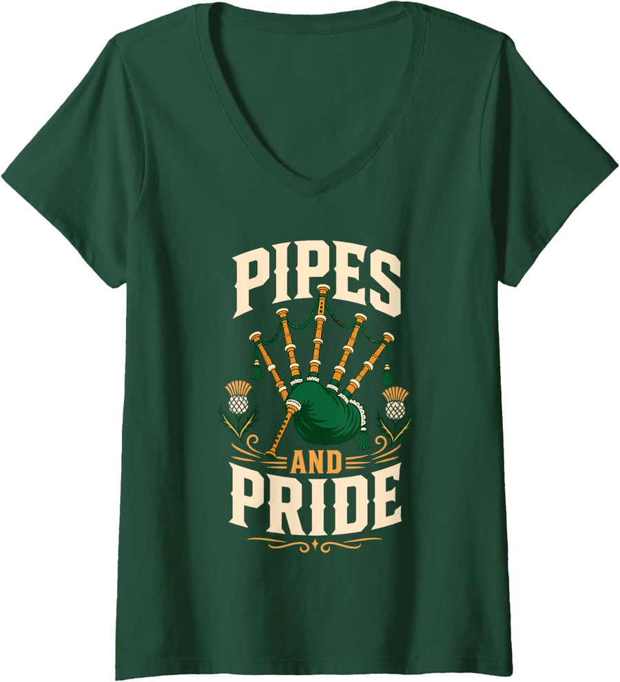 Women's Pipes and Pride Scottish Bagpipes Thistle V-Neck T-Shirt - Dark Green