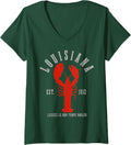 Women's Louisiana Est. 1812 Crawfish New Orleans Mardi Gras V-Neck T-Shirt - Dark Green