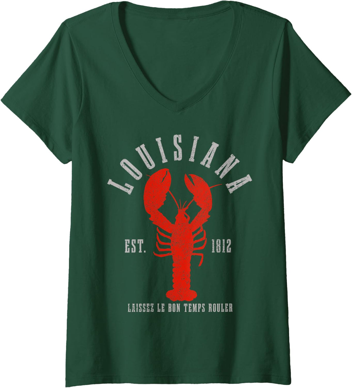 Women's Louisiana Est. 1812 Crawfish New Orleans Mardi Gras V-Neck T-Shirt - Dark Green