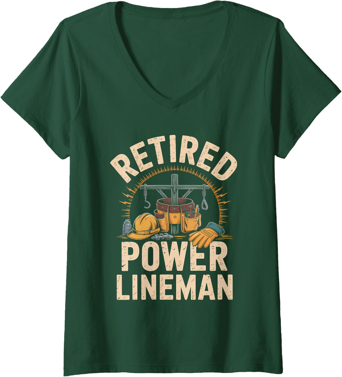 Women's Retired Power Lineman Retirement Utility Worker V-Neck T-Shirt - Dark Green