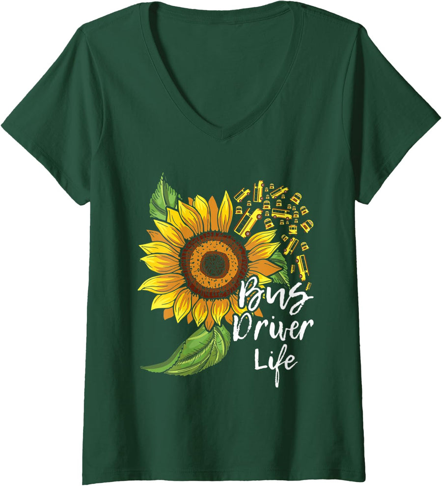 Womens Bus Driver Life - School Bus Driver Appreciation V-Neck T-Shirt - Dark Green