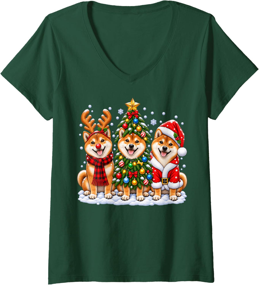 Women's Shiba Inu Dog Merry Christmas Santa Hat Holidays Xmas V-Neck T-Shirt - Dark Green