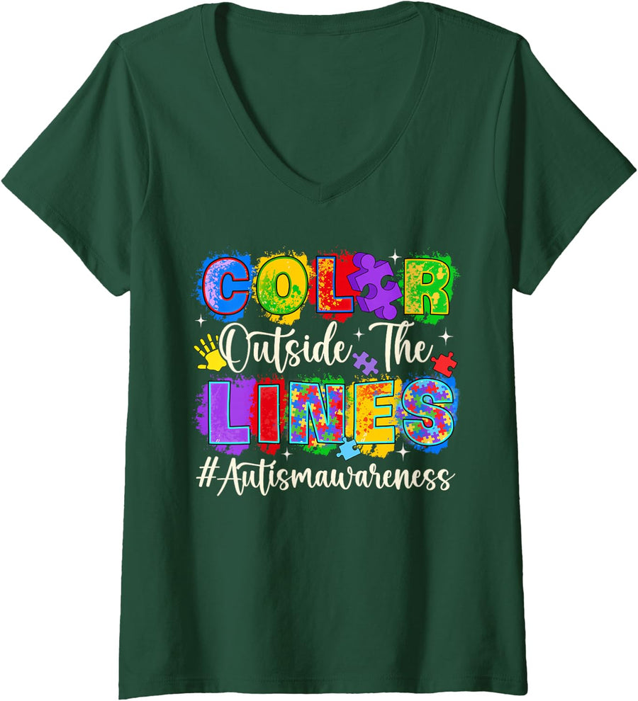 Women's Color Outside the Lines Autism Awareness Autistic Pride V-Neck T-Shirt - Dark Green