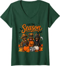 Women's Tis The Season Halloween Doberman Pinscher Pumpkin Costume V-Neck T-Shirt - Dark Green