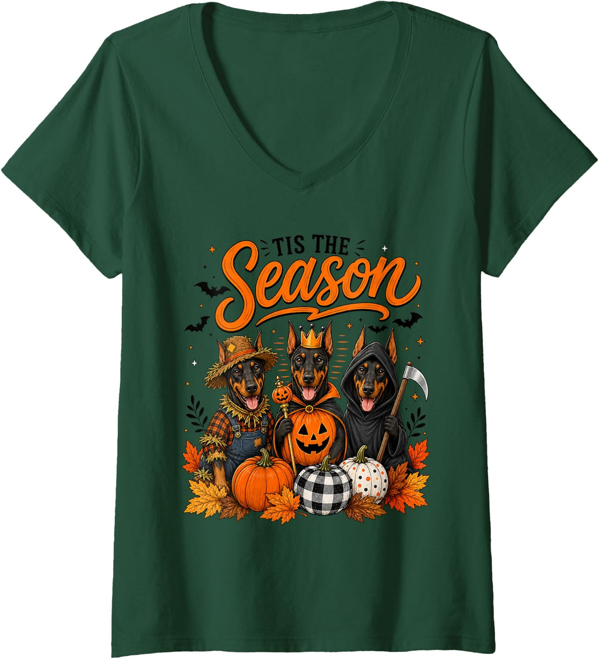 Women's Tis The Season Halloween Doberman Pinscher Pumpkin Costume V-Neck T-Shirt - Dark Green