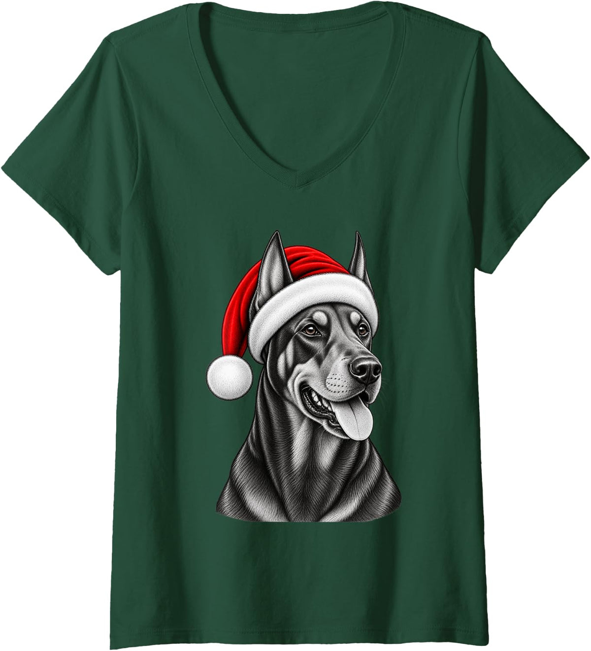 Women's Christmas Santa Hat Doberman Pinscher Cute Pet Dog Xmas V-Neck T-Shirt - Dark Green