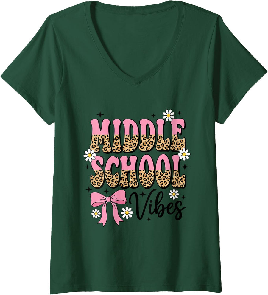 Women's Middle School Vibes Leopard Print Bow Daisy Student V-Neck T-Shirt - Dark Green
