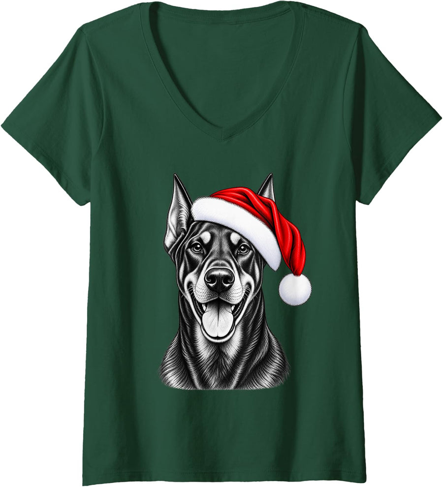 Women's Doberman Pinscher Christmas Santa Hat Men Women Kids Xmas V-Neck T-Shirt - Dark Green