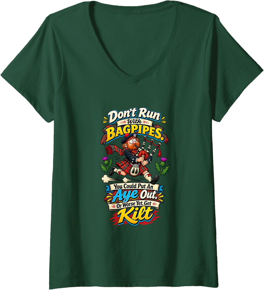 Women's Bagpiper Humor Scottish Music Bagpipe Lover V-Neck T-Shirt - Dark Green