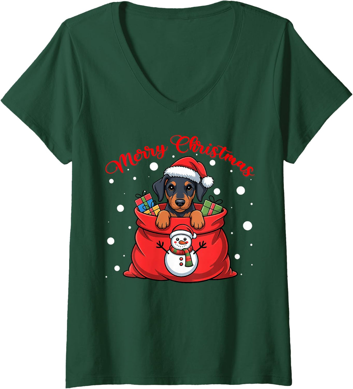 Women's Merry Christmas Cute Doberman Pinscher Dog Ugly Xmas Sweater V-Neck T-Shirt - Dark Green