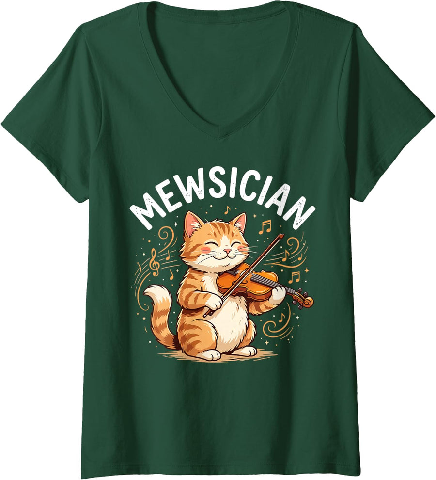 Women's Mewsician Funny Orange Cat Playing Violin Music Pun V-Neck T-Shirt - Dark Green