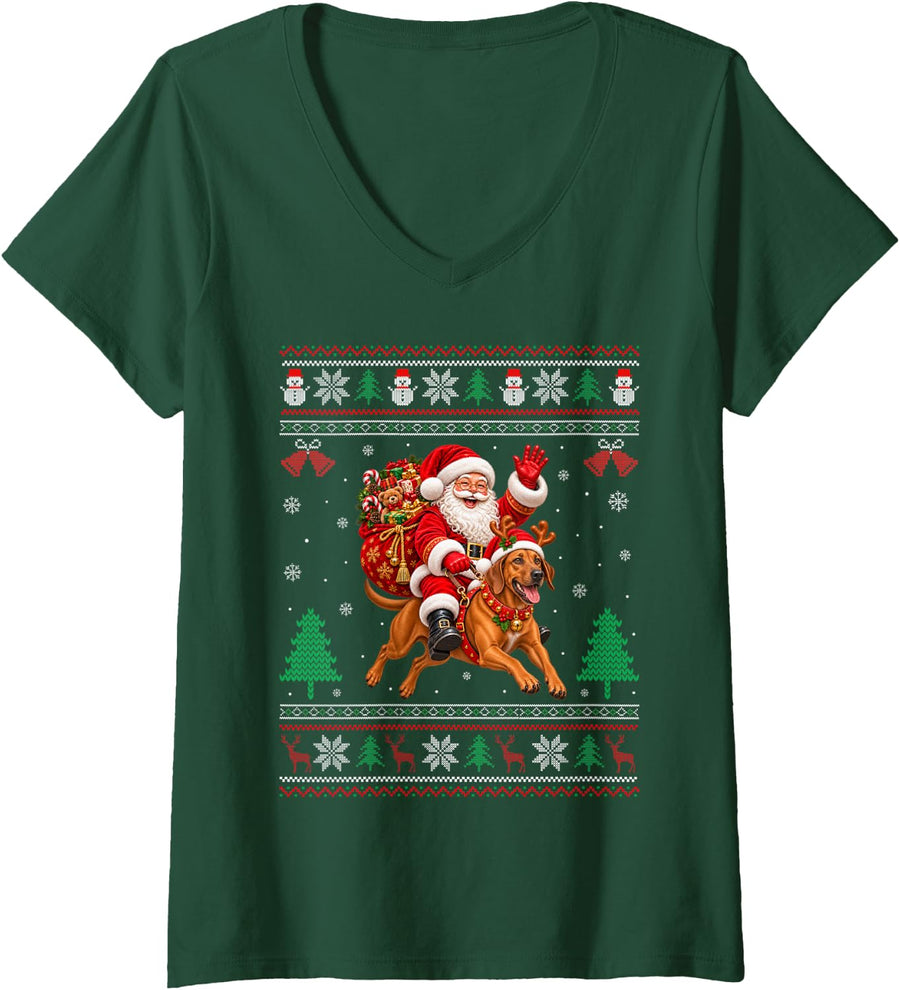 Women's Rhodesian Ridgeback Ugly Christmas Sweater Santa Riding Dog V-Neck T-Shirt - Dark Green