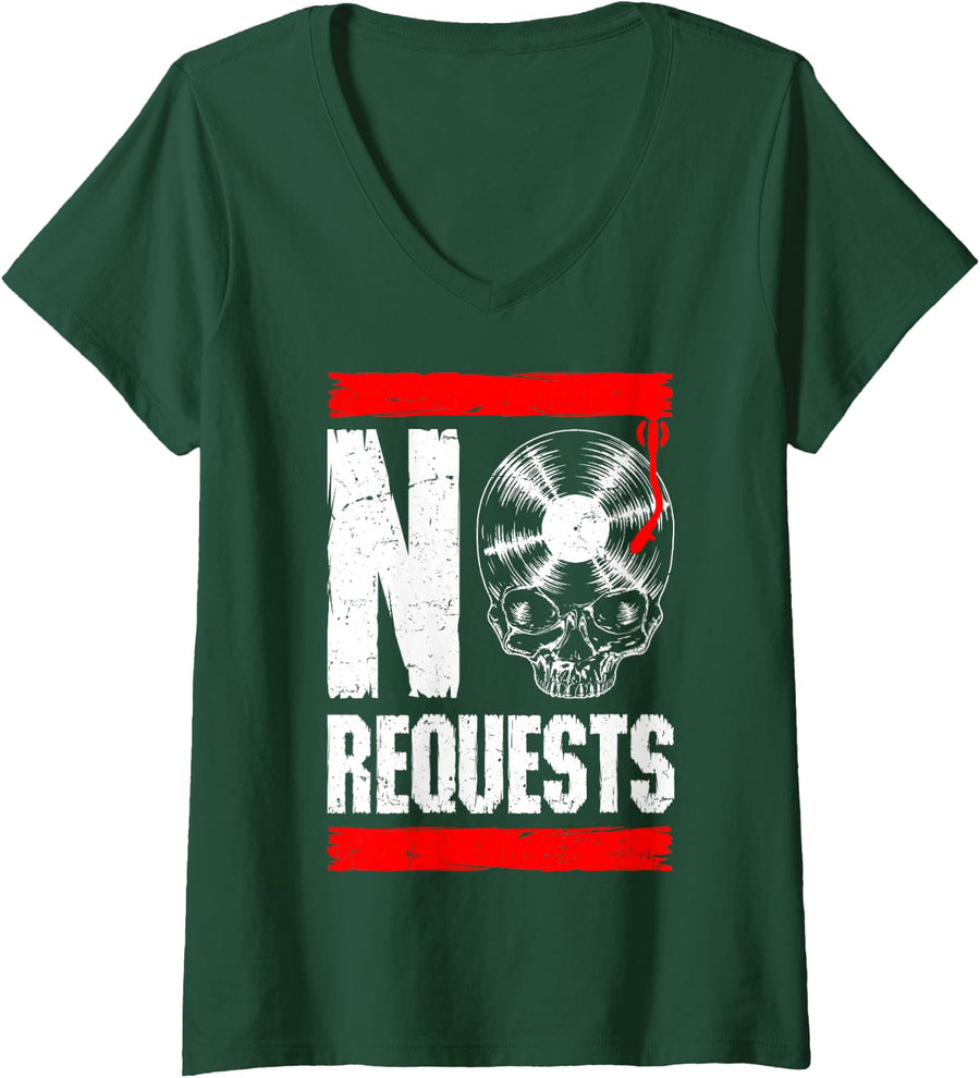 Women's No Requests DJ Turntable Vinyl Record Gothic Skull V-Neck T-Shirt - Dark Green