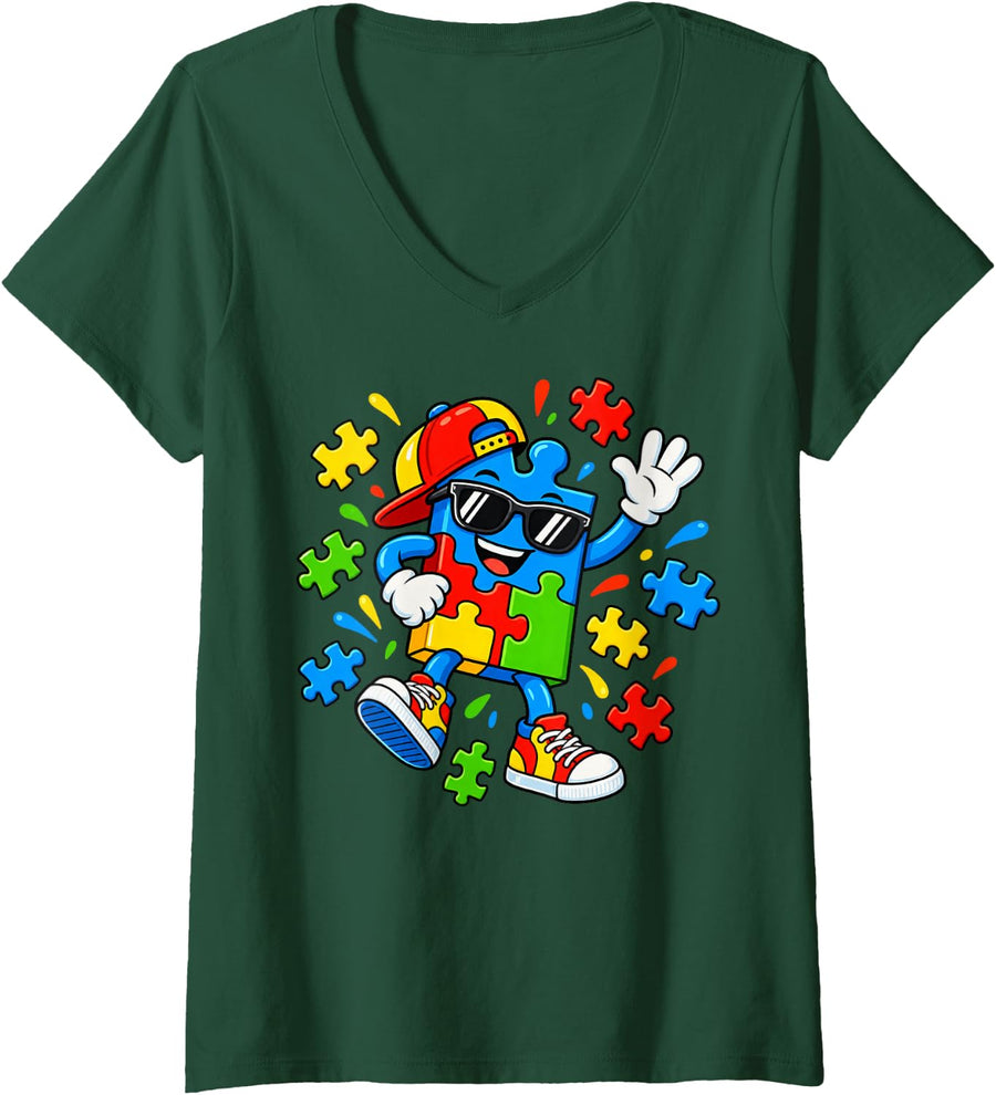 Women's Puzzle Piece Mascot Autism Awareness V-Neck T-Shirt - Dark Green