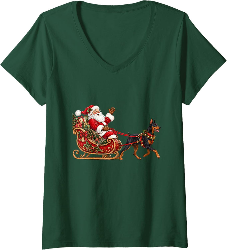 Women's Doberman Pinscher Christmas Santa Sleigh Holiday Dog Design V-Neck T-Shirt - Dark Green
