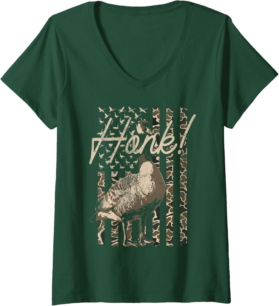 Women's Honk Goose Hunting Camo American Flag Distressed V-Neck T-Shirt - Dark Green