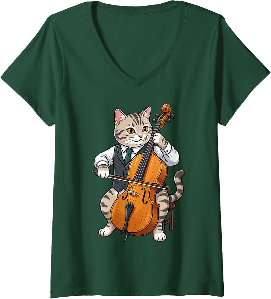 Women's Cat Playing Cello Cute Cellist Classical Music V-Neck T-Shirt - Dark Green