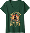 Women's Black and Rust Runs This House Doberman Dobie Dog V-Neck T-Shirt - Dark Green
