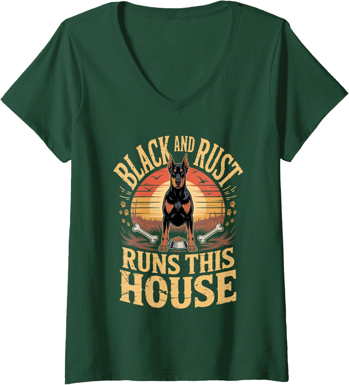 Women's Black and Rust Runs This House Doberman Dobie Dog V-Neck T-Shirt - Dark Green