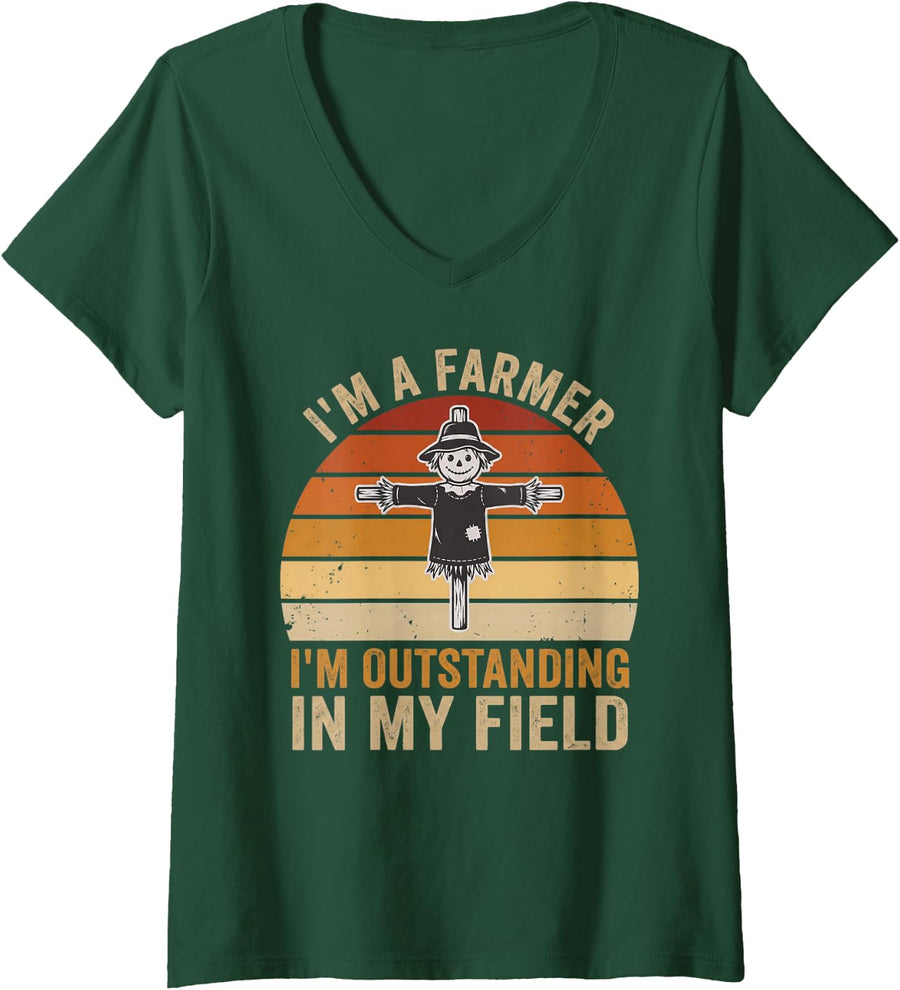 Women's Outstanding in My Field Funny Farmer and Farmhand Humor V-Neck T-Shirt - Dark Green
