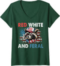 Women's Funny Raccoon 4th of July Patriotic Flag Red White and Feral V-Neck T-Shirt - Dark Green