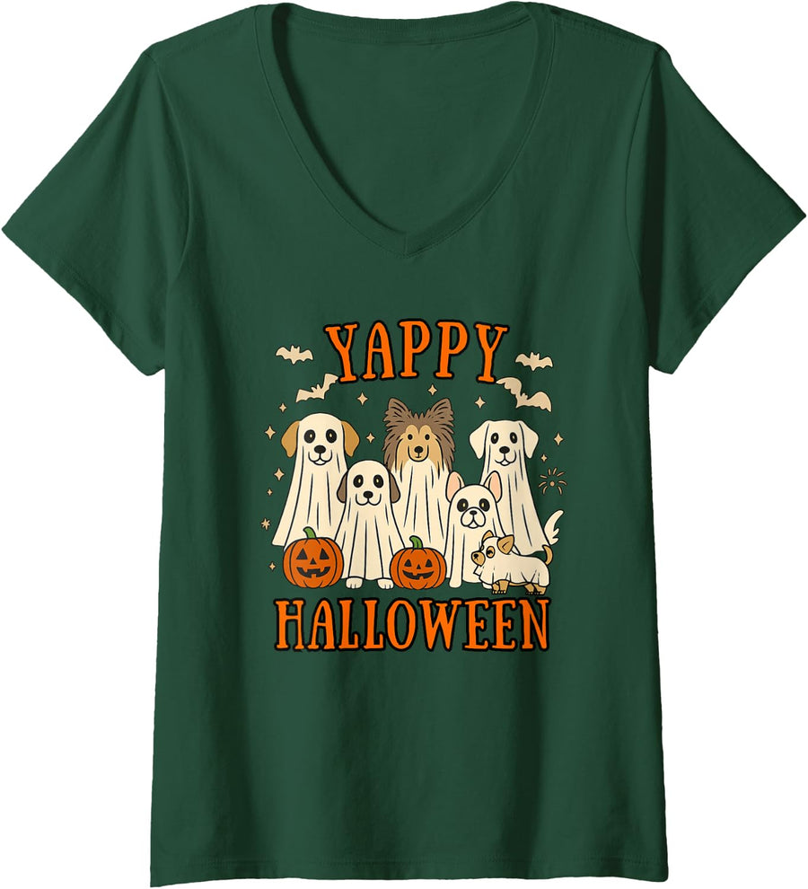 Women's Dog Ghosts Yappy Halloween Sheltie Frenchie Lab Ghost Dogs V-Neck T-Shirt - Dark Green