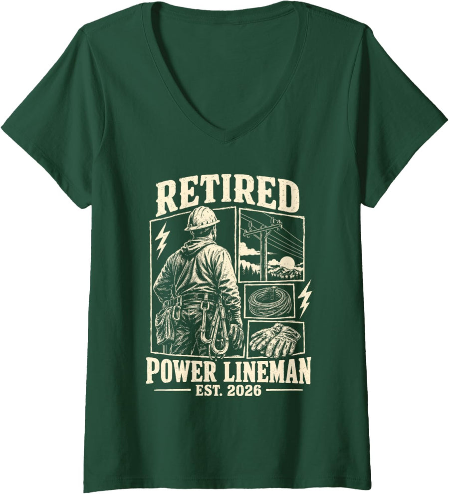 Women's Retired Power Lineman Est 2026 V-Neck T-Shirt - Dark Green