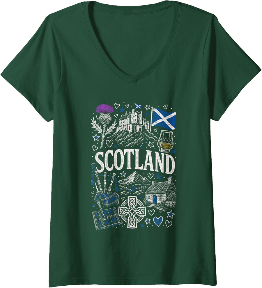 Women's Scotland Thistle Bagpipes Heritage V-Neck T-Shirt - Dark Green