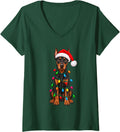 Women's Cute Doberman Pinscher Santa Christmas Lights Dog Lover Xmas V-Neck T-Shirt - Dark Green