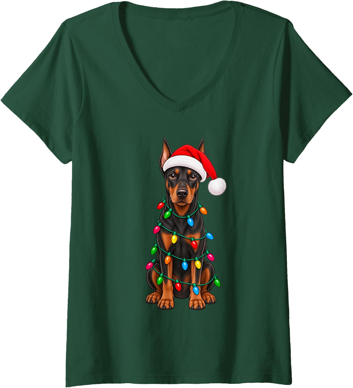Women's Cute Doberman Pinscher Santa Christmas Lights Dog Lover Xmas V-Neck T-Shirt - Dark Green