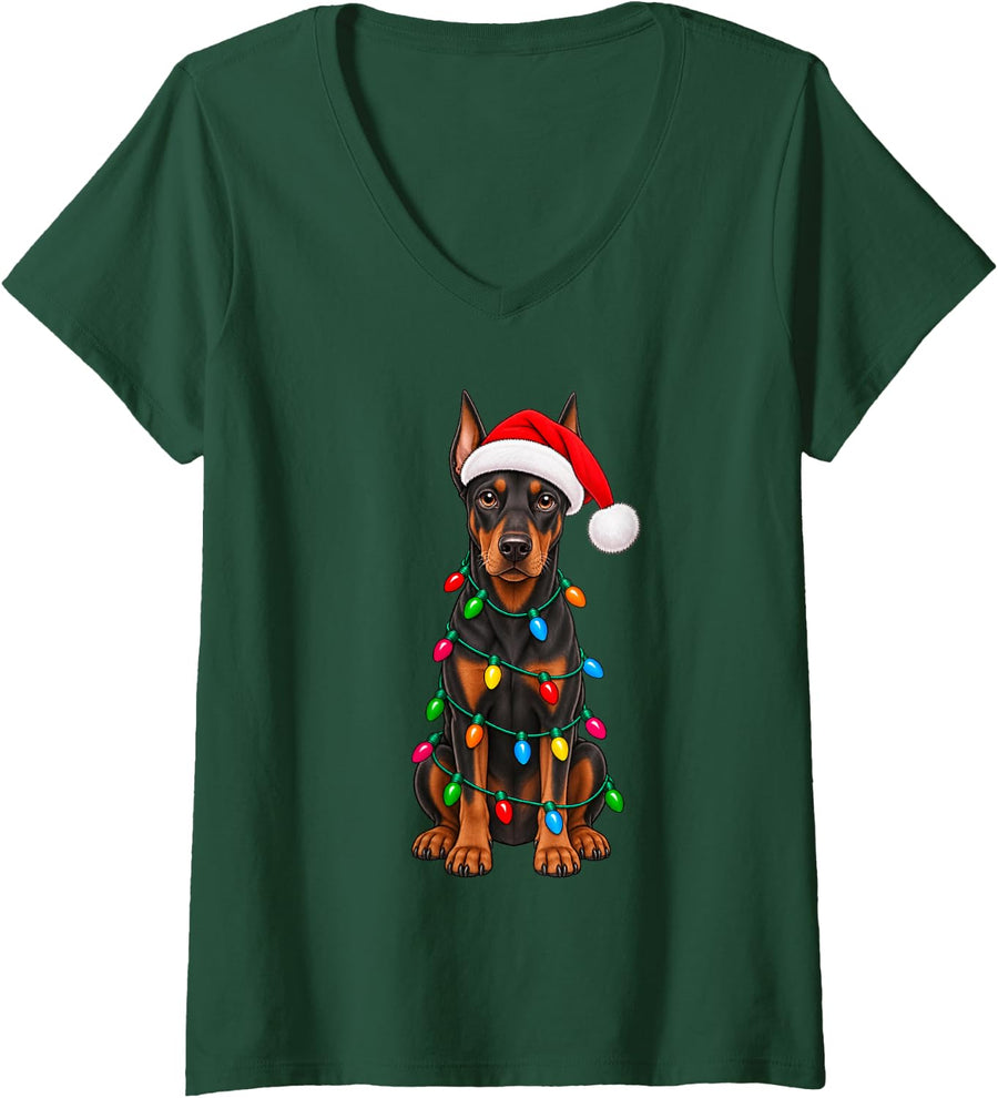 Women's Cute Doberman Pinscher Santa Christmas Lights Dog Lover Xmas V-Neck T-Shirt - Dark Green