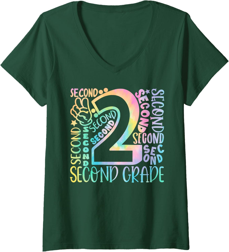 Women's 2nd Grade Typography Team Tie Dye Back to School Teacher Kid V-Neck T-Shirt - Dark Green