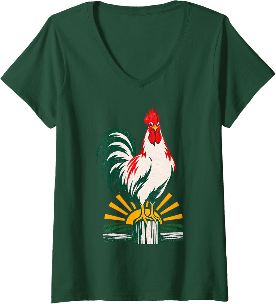 Women's Chicken Keeper Rooster Sunrise Farm Humor V-Neck T-Shirt - Dark Green