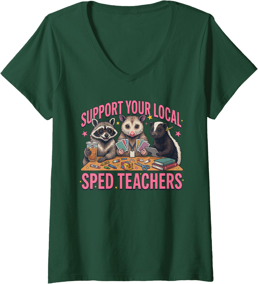 Women's Support Your Local Sped Teachers Raccoon Opossum Skunk V-Neck T-Shirt - Dark Green