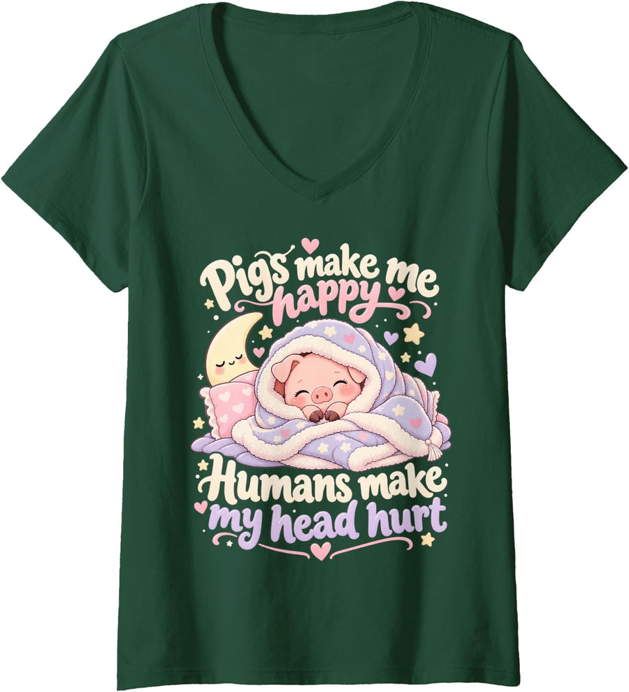 Women's Pigs Make Me Happy Kawaii Piglet Funny Piggy Under a Blanket V-Neck T-Shirt - Dark Green