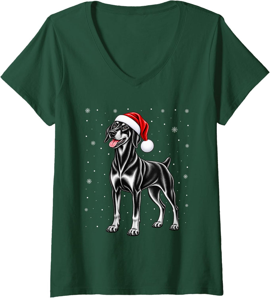 Women's Doberman Pinscher Christmas Santa Hat Snowflakes Holiday Dog V-Neck T-Shirt - Dark Green
