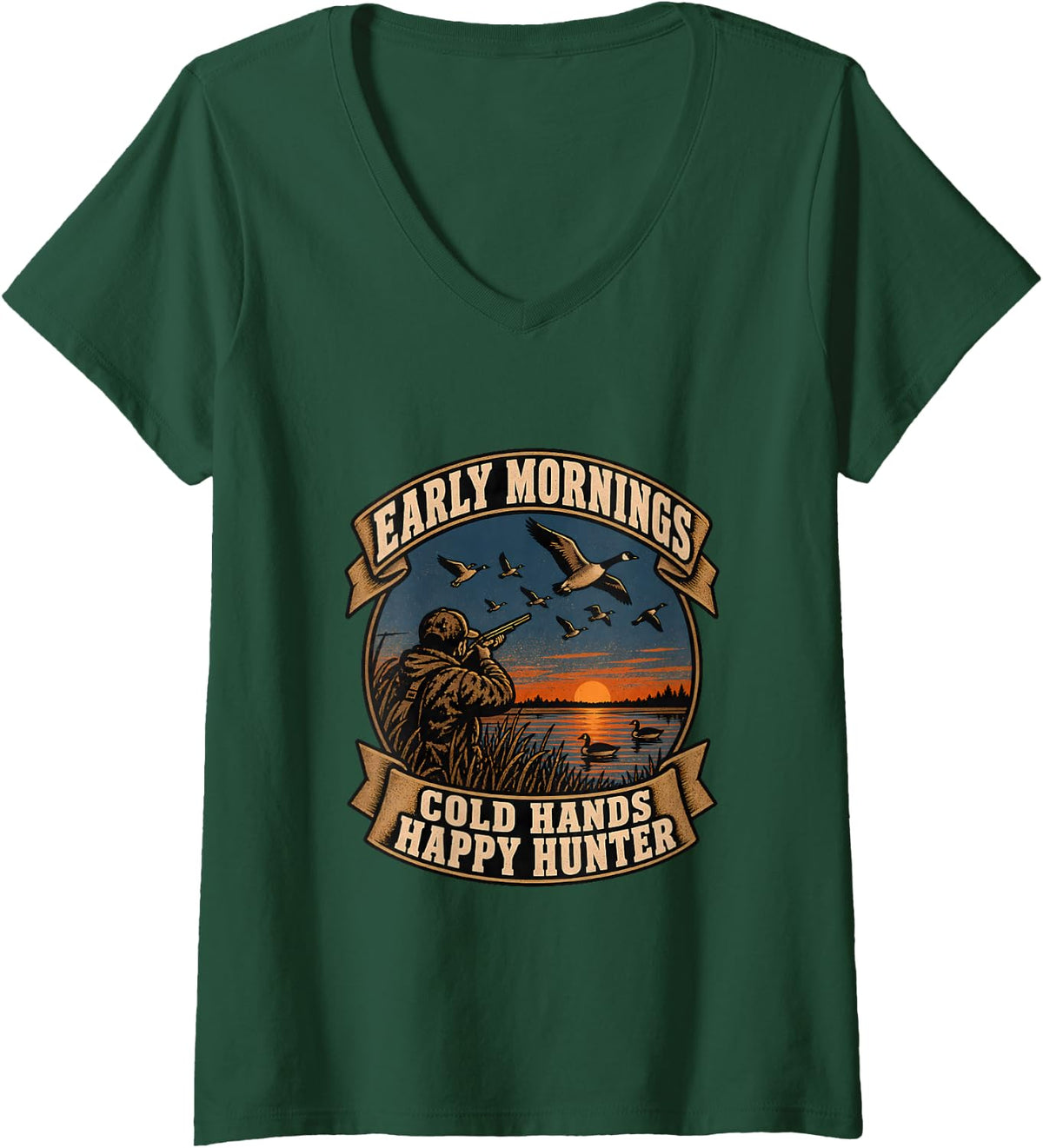 Women's Early Mornings Cold Hands Happy Hunter V-Neck T-Shirt - Dark Green