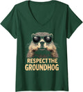 Women's Respect The Groundhog Vintage Ground Hog Day V-Neck T-Shirt - Dark Green