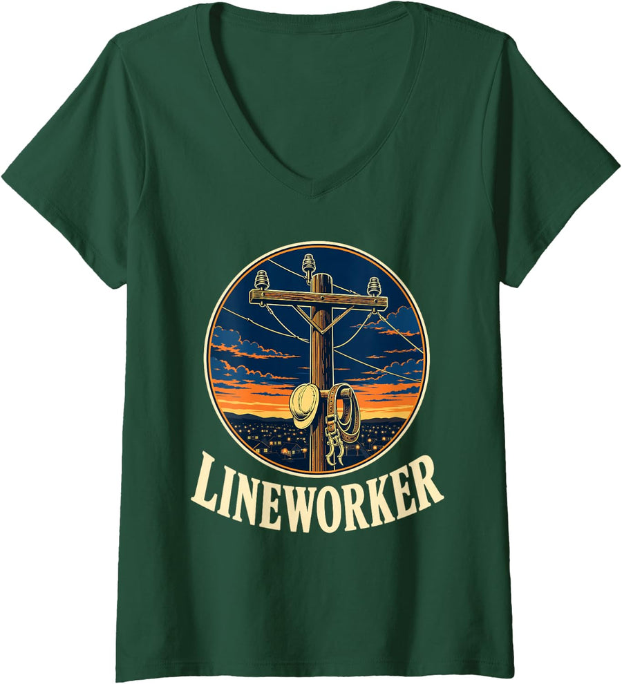Women's Lineworker Power Line Pole Lineman V-Neck T-Shirt - Dark Green