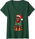 Women's Doberman Pinscher Christmas Sweater Santa Hat Sunglasses Dog V-Neck T-Shirt - Dark Green