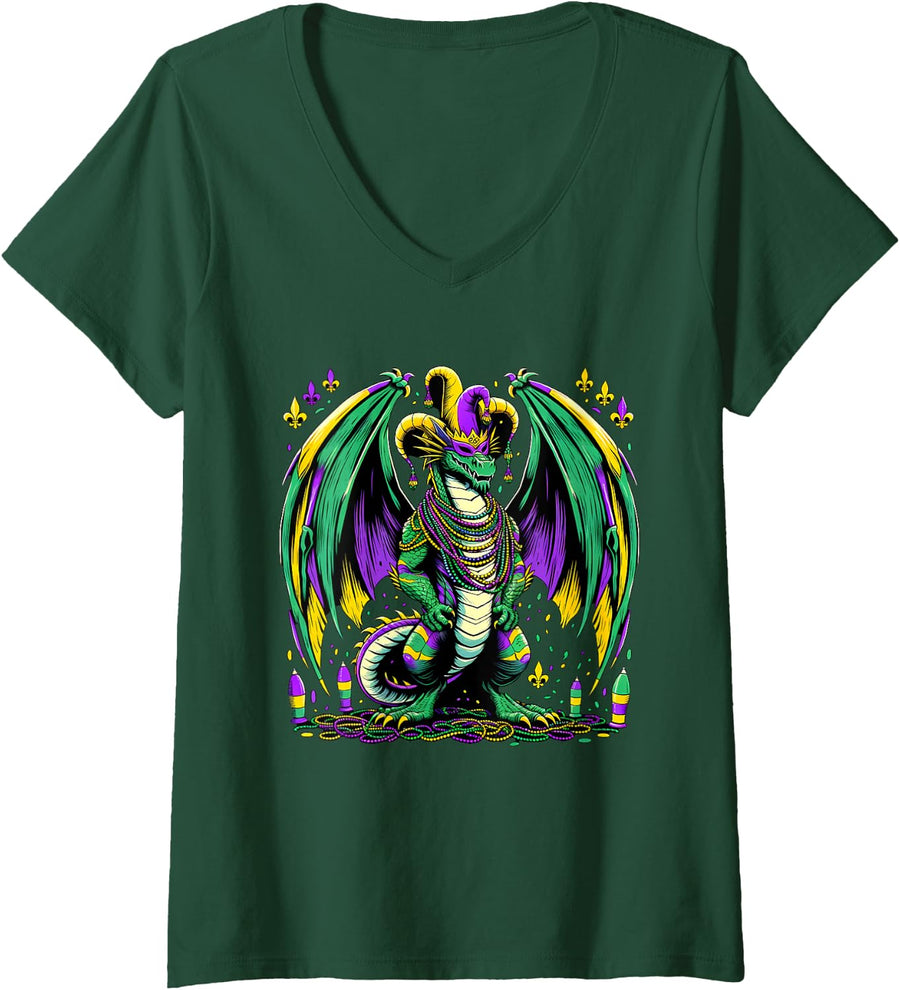 Women's Mardi Gras Dragon Fools V-Neck T-Shirt - Dark Green